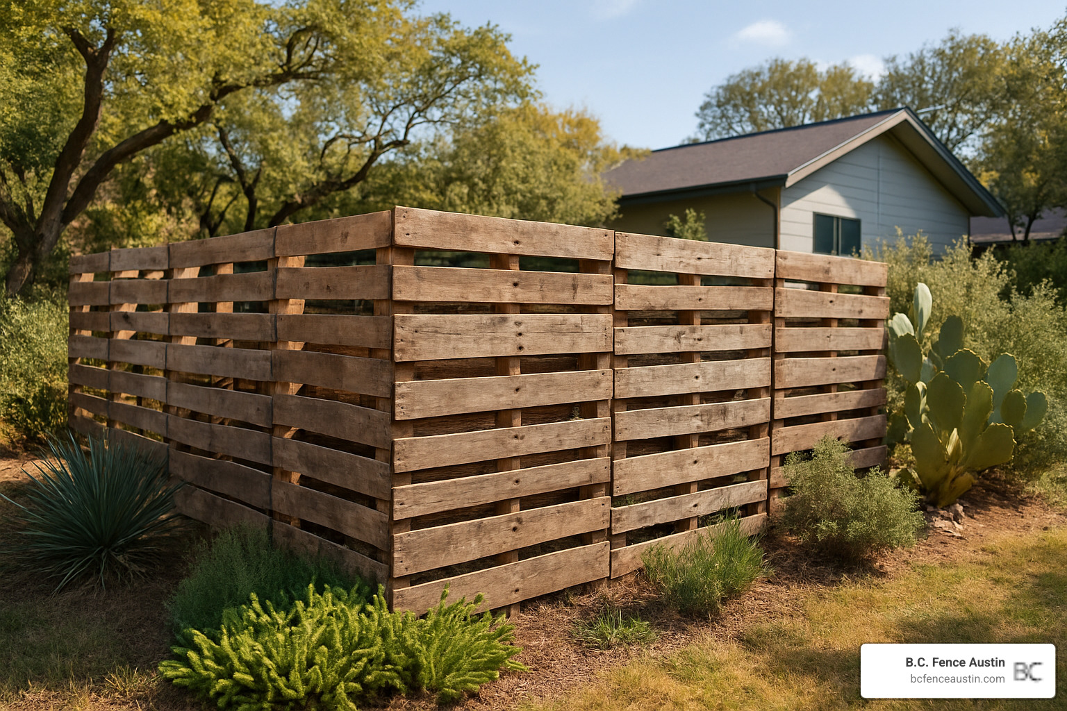 rustic wood pallet fence in Austin backyard - most affordable privacy fence options