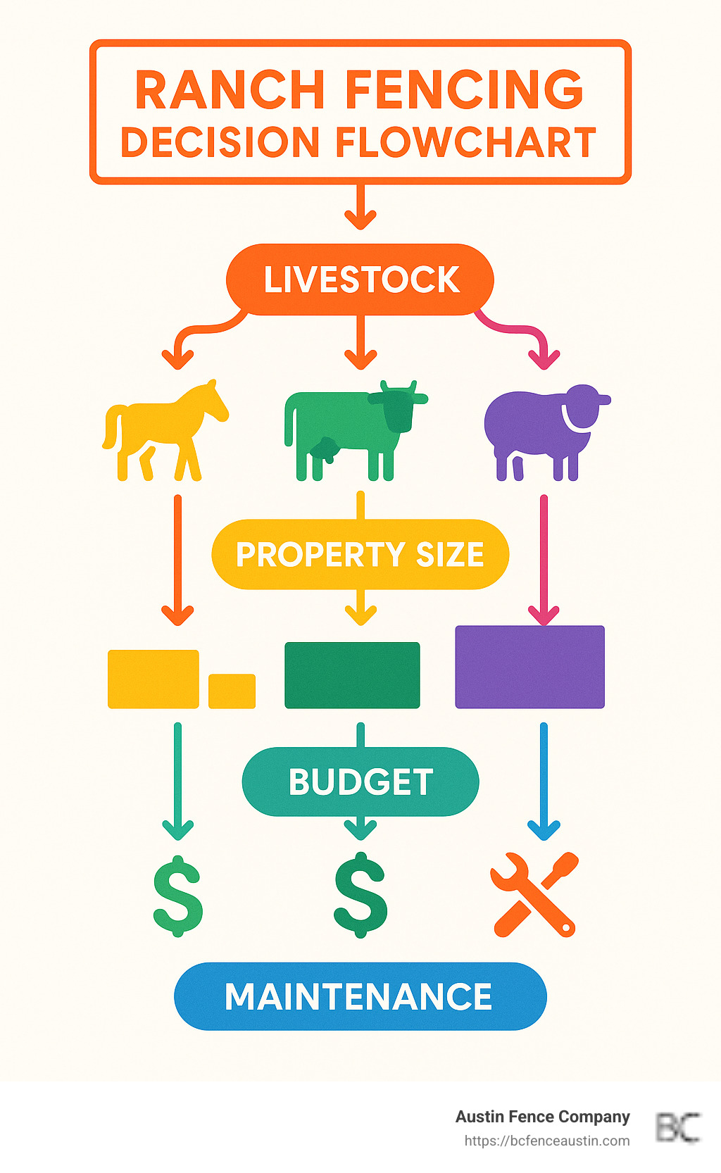 Ranch fencing decision flowchart showing how to select the right fence based on livestock type, property size, budget, and maintenance preferences - ranch fencing options infographic 