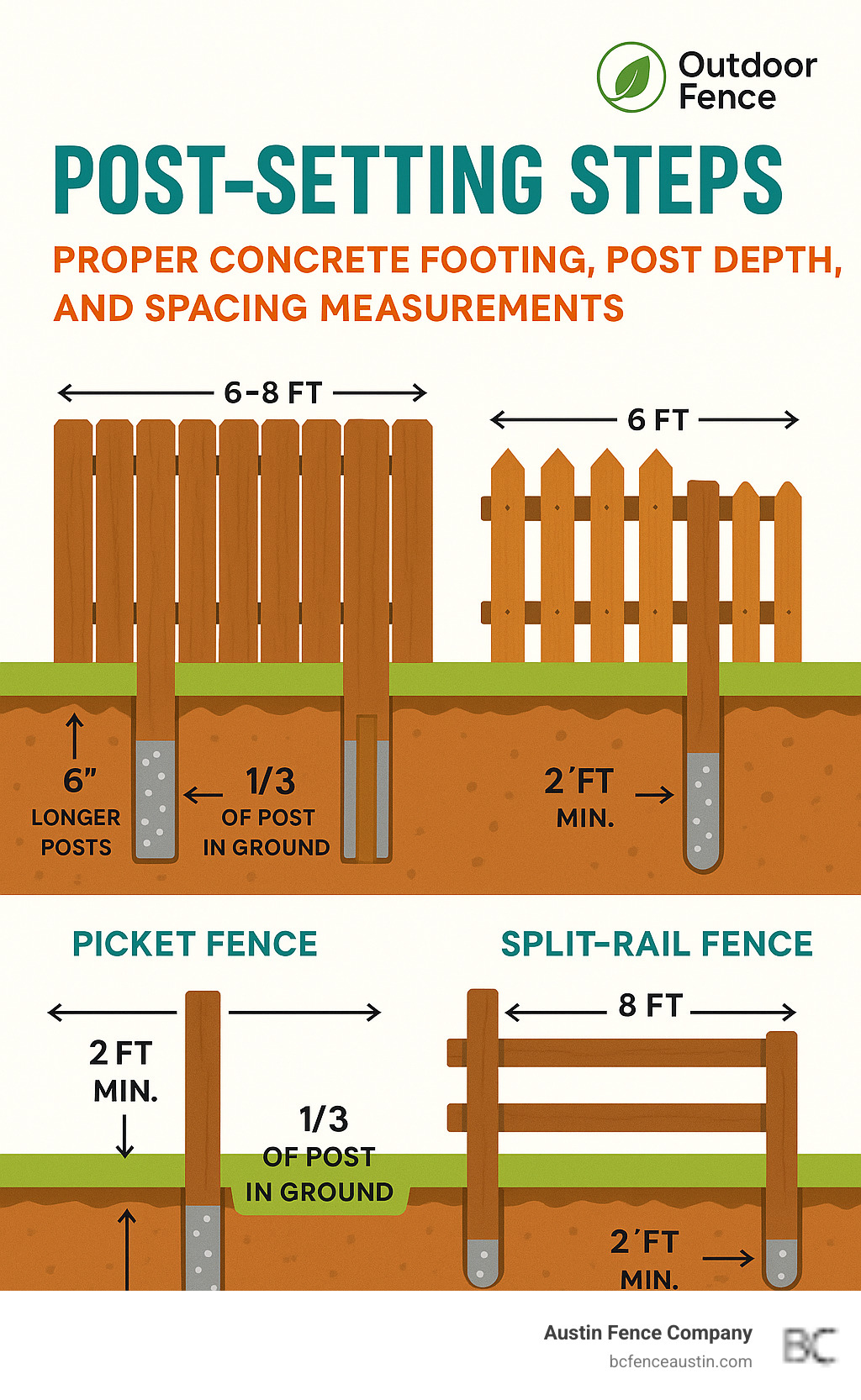 Post-Setting Steps showing proper concrete footing, post depth, and spacing measurements for different fence types - outdoor fence infographic Post-Setting Steps showing proper concrete footing, post depth, and spacing measurements for different fence types - outdoor fence infographic