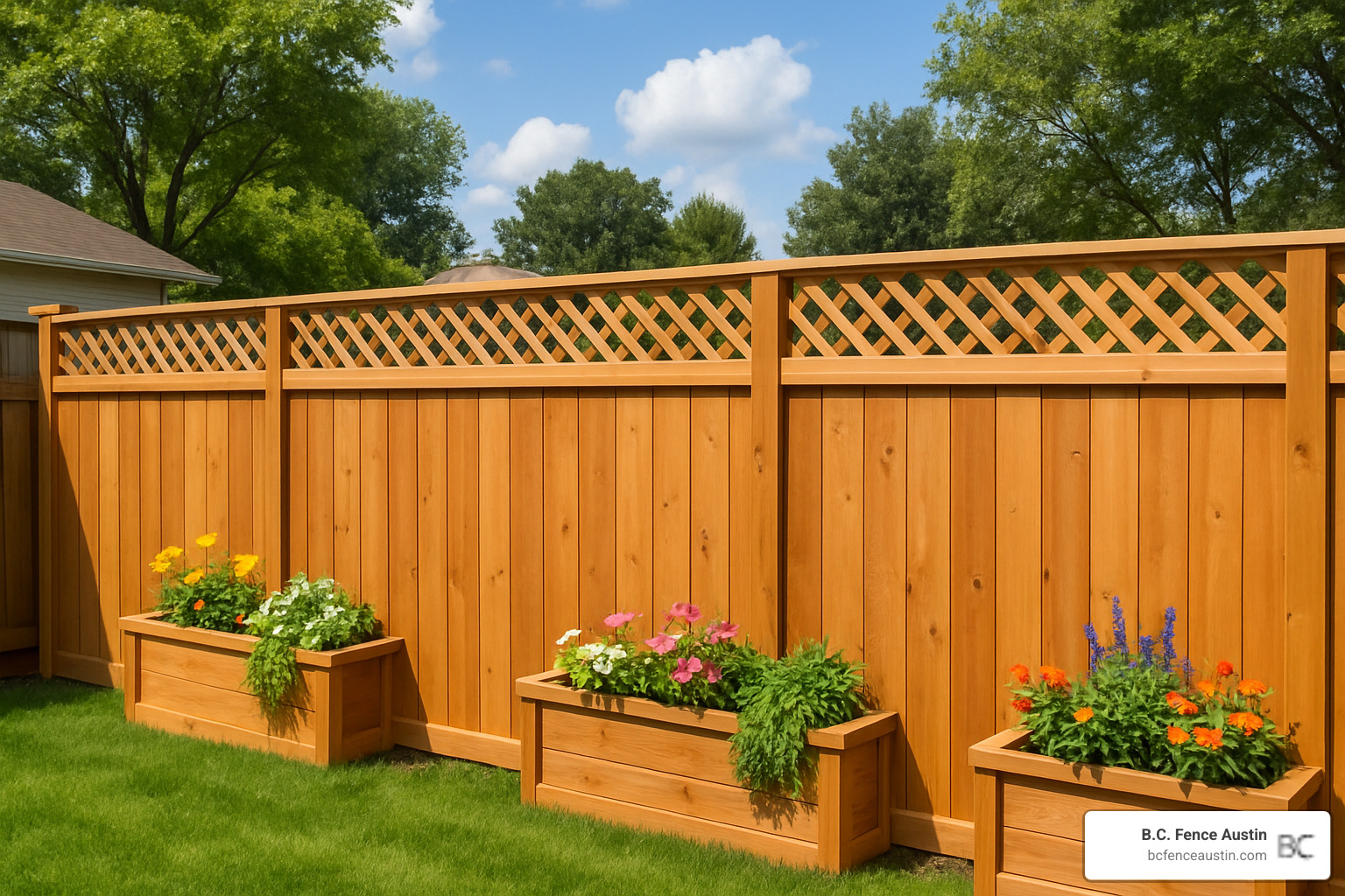 Cedar privacy fence with decorative lattice topper and integrated planter boxes - styles of fences Cedar privacy fence with decorative lattice topper and integrated planter boxes - styles of fences