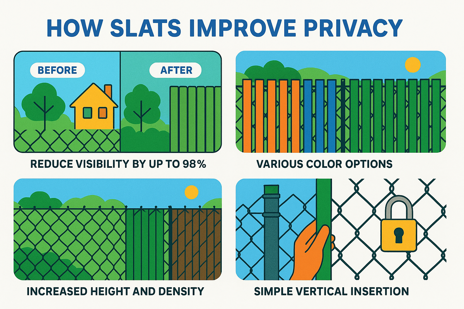 Infographic explaining how slats improve privacy - Chain link fence with slats infographic Infographic explaining how slats improve privacy - Chain link fence with slats infographic