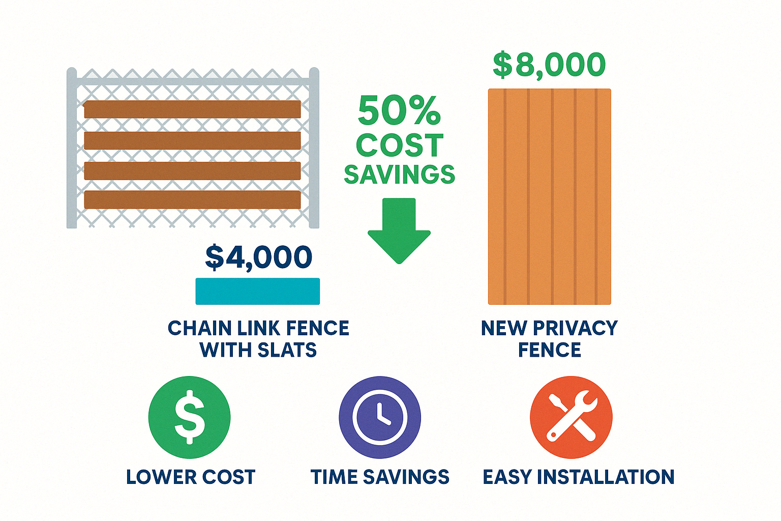 Statistics on cost savings with slats versus new privacy fencing - Chain link fence with slats infographic Statistics on cost savings with slats versus new privacy fencing - Chain link fence with slats infographic