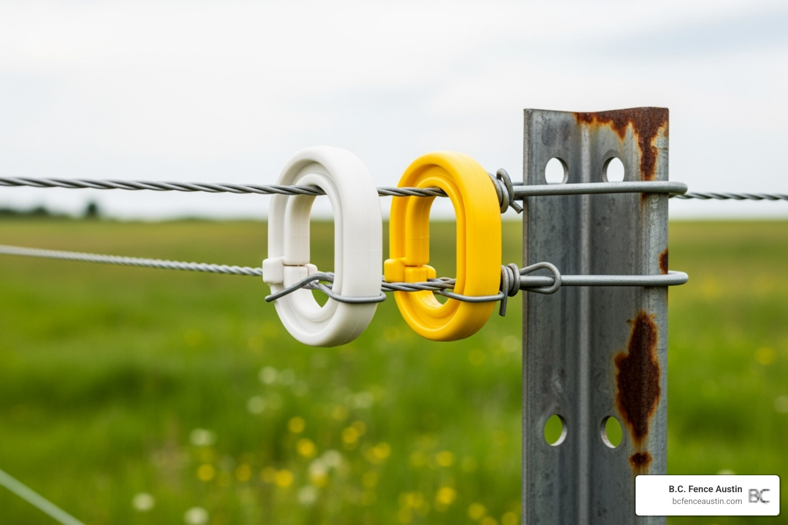 insulators on a T-post with electric wire - wire fencing
