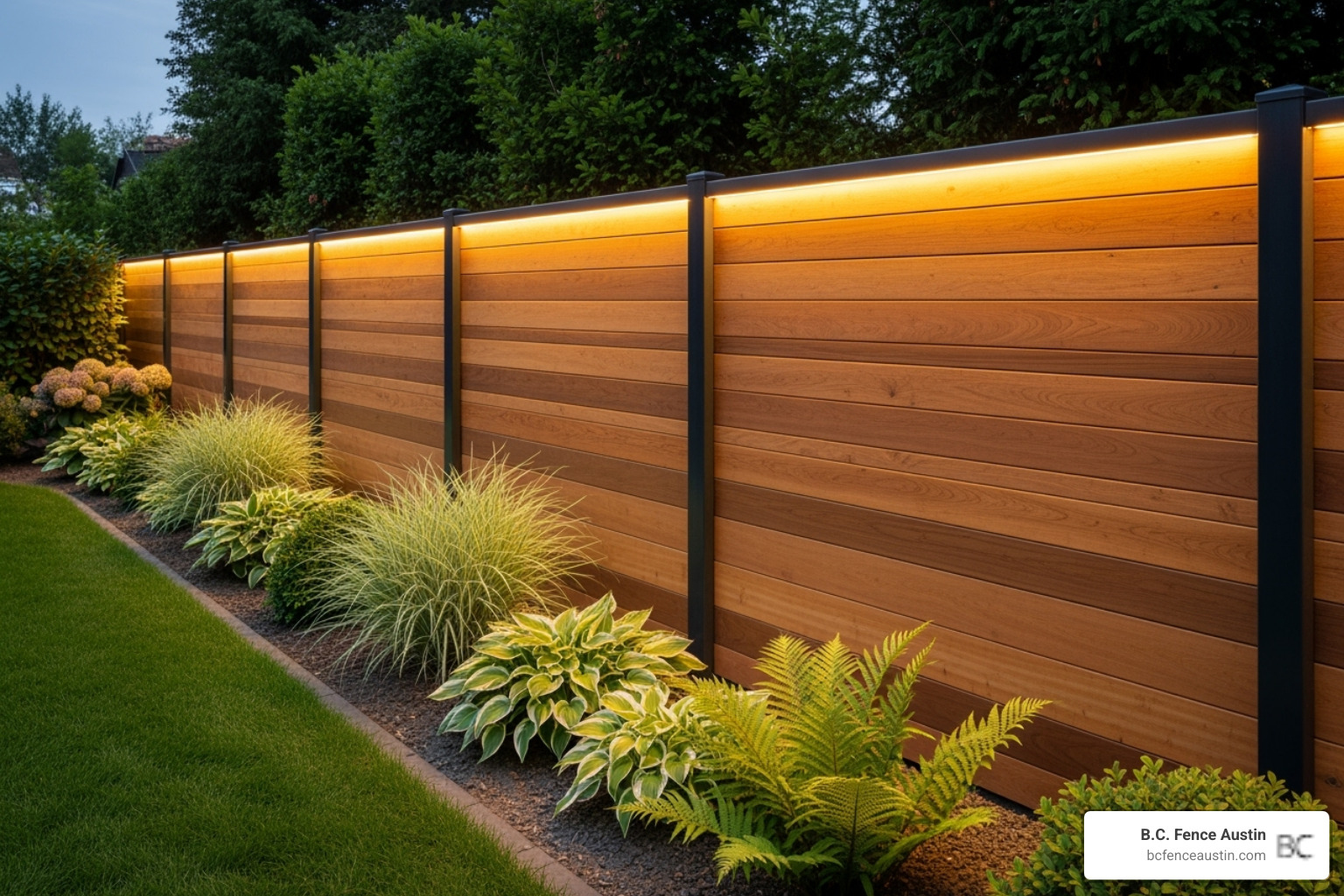 sleek horizontal wood fence with dark metal posts and integrated lighting - wood fence ideas