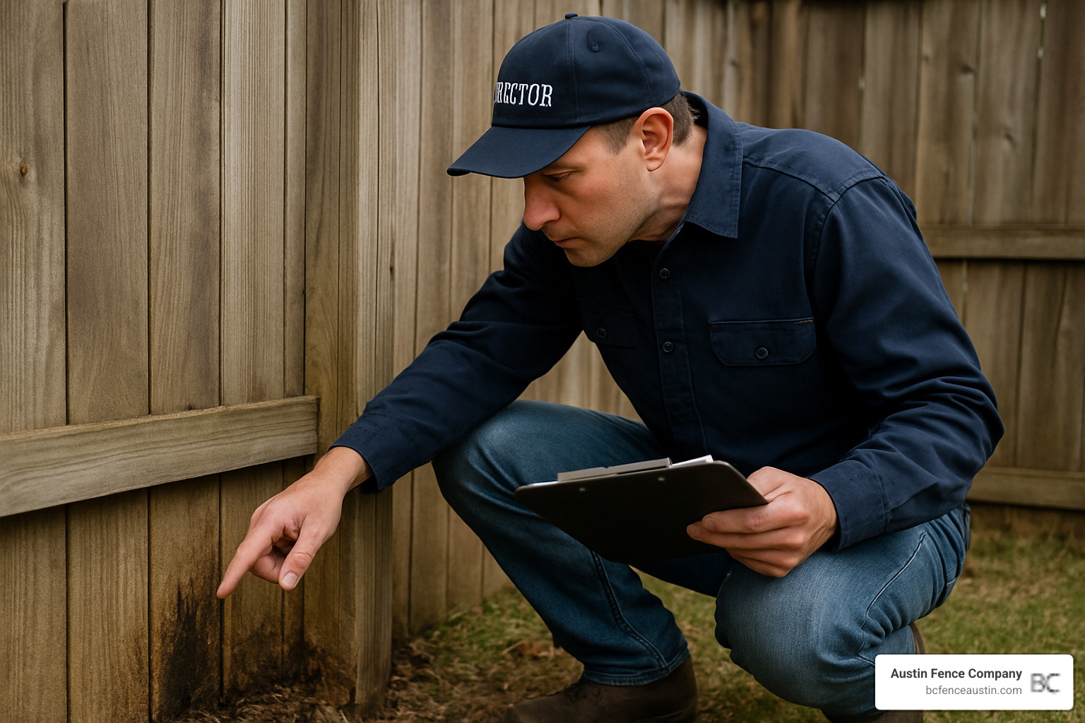 fence inspector checking for wood rot and damage - wood fence maintenance