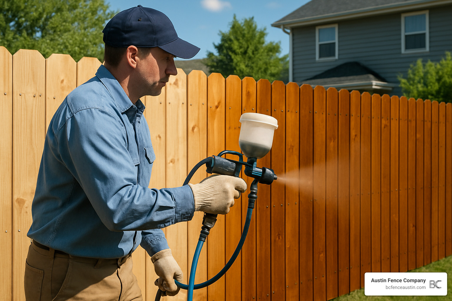 person applying stain to a wooden fence with a sprayer - wood fence maintenance
