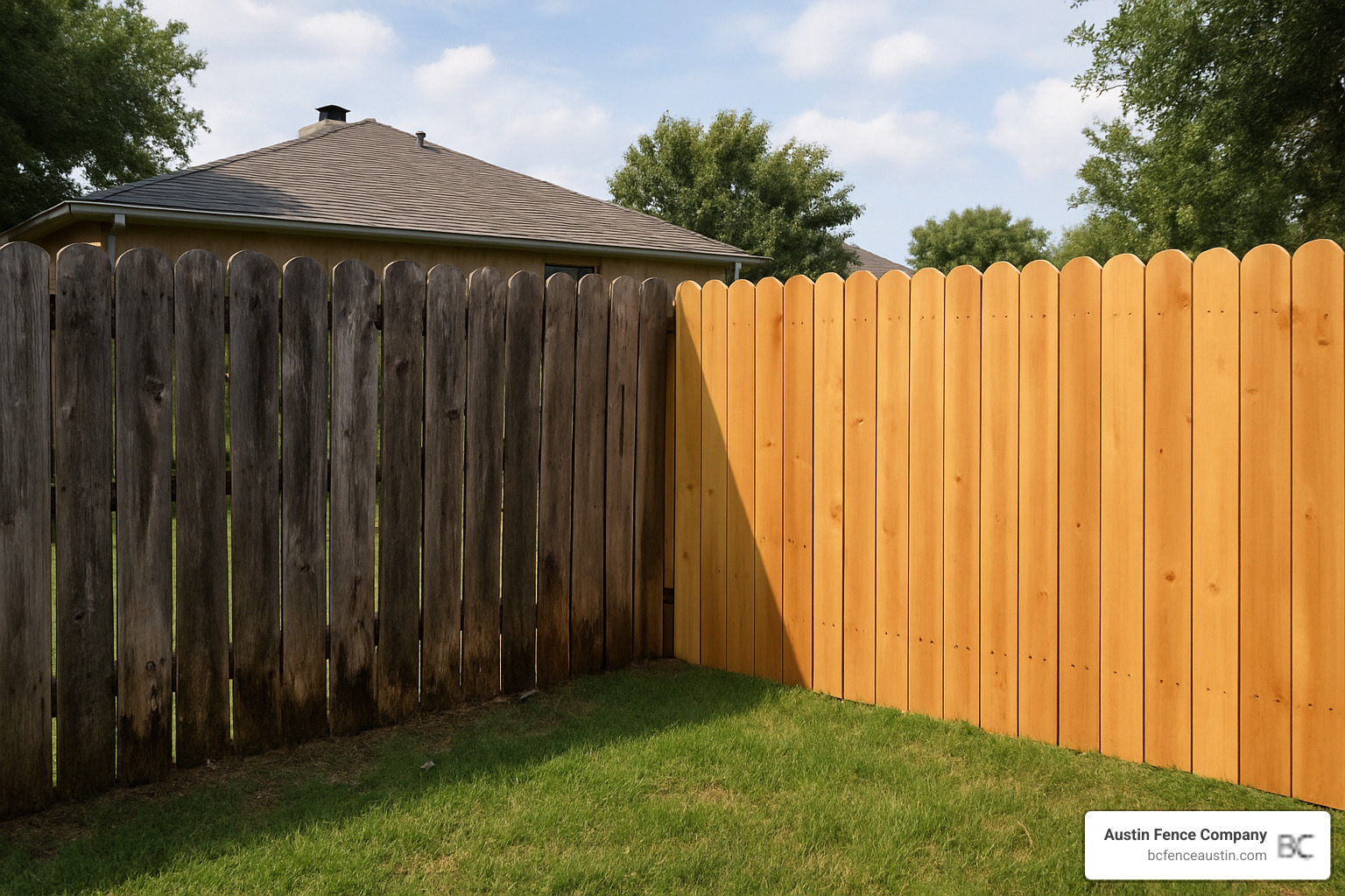 comparison of aged weathered fence next to newly installed fence - wood fence maintenance